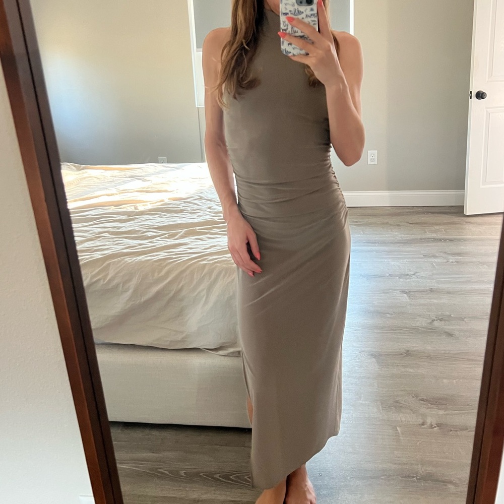 Aritzia Taupe High Neck Maxi Dress